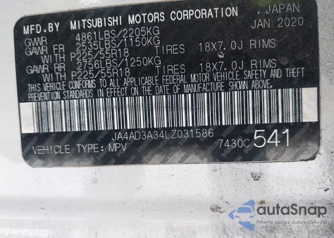 2020 Mitsubishi Outlander Le 2.4/Se 2.4/Sel 2.4/Sp 2.4 from USA, damaged, VIN JA4AD3A34LZ031586